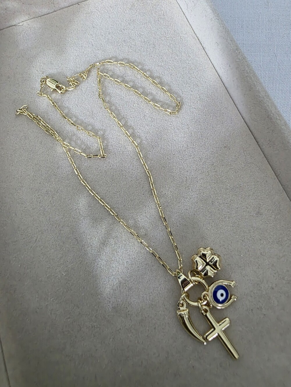Gold Filled Paperclip Chain Necklace Evil Eye Cross Clover Italian Horn